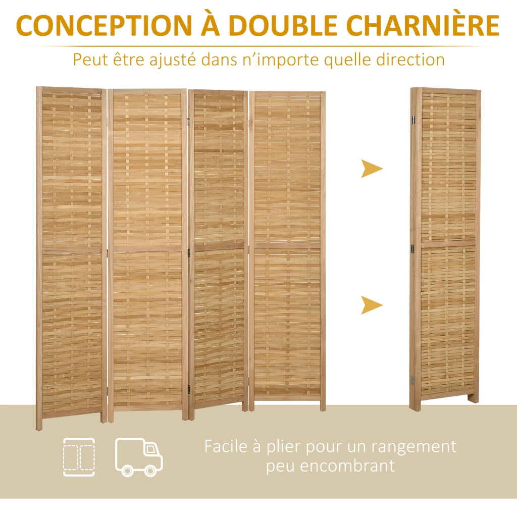 Paravento divisorio per interni a 4 pannelli in bambù e legno pieghevole 160 x 170 cm naturale chiaro