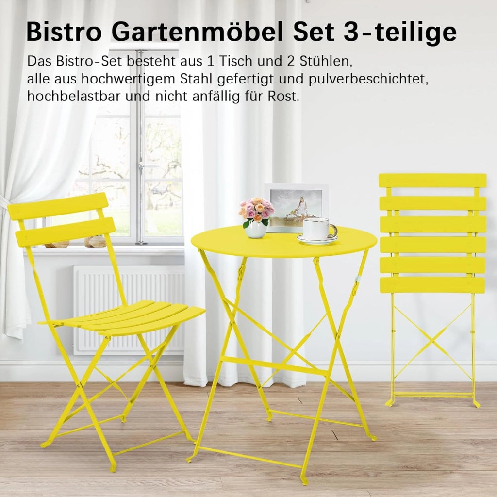Set da Bistrot Pieghevole 3 Pezzi, Tavolo da Giardino Bistrot in Metallo, 1 Tavolo e 2 Sedie per Piccoli Balconi, Resistente alle Intemperie, per Balcone, Giardino e Terrazzo, Giallo