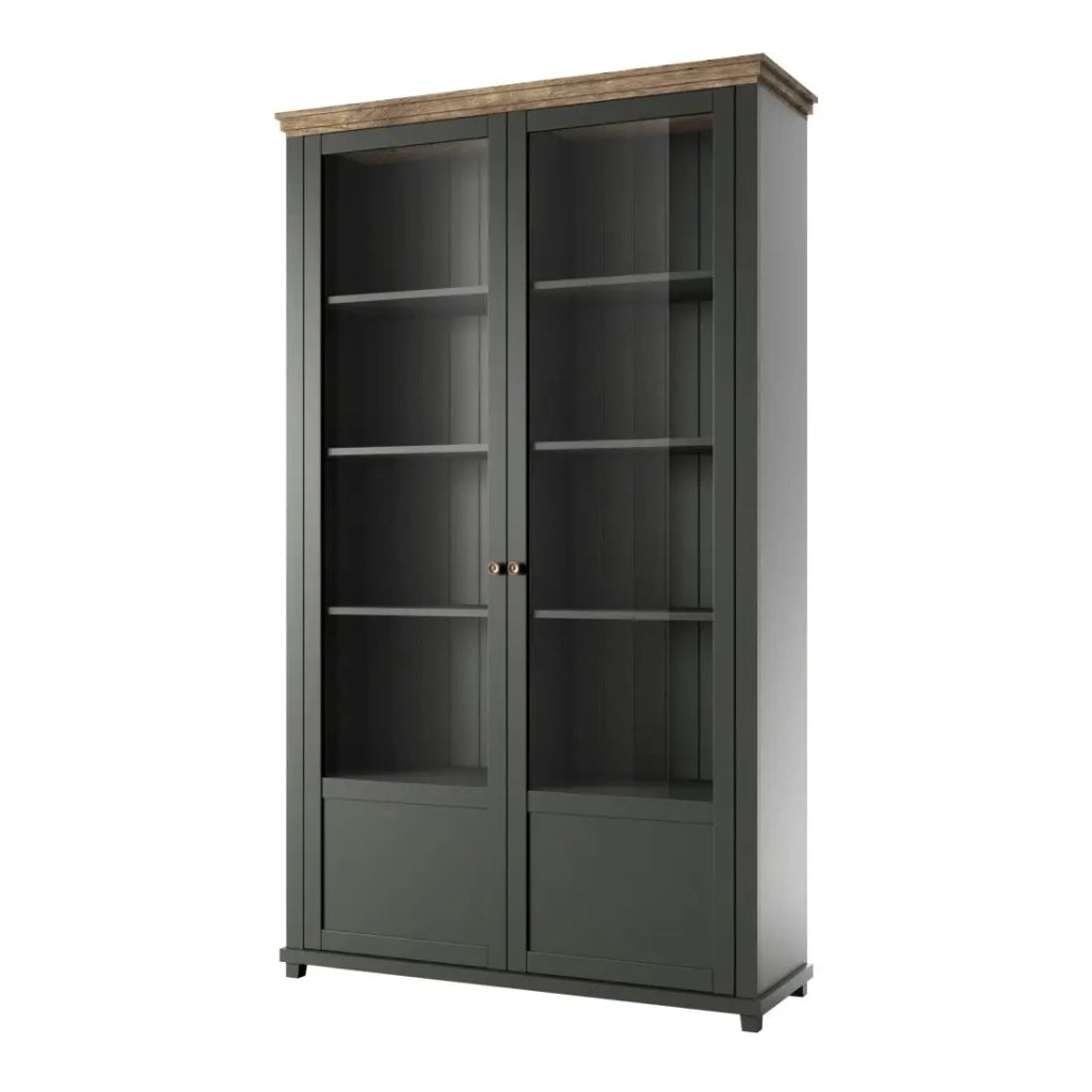 Vetrina larga a 2 porte con LED integrati collezione ASSIA. Colore verde e rovere.