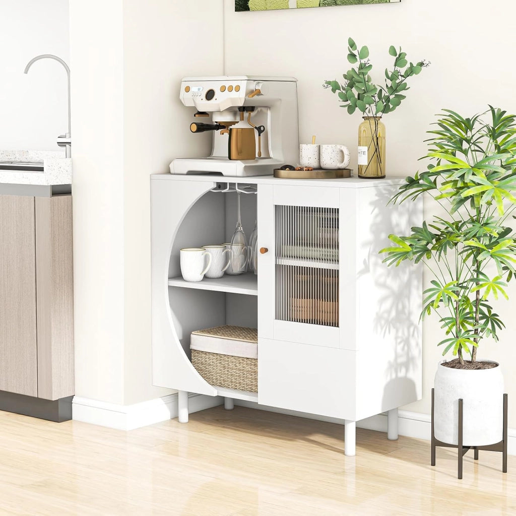 Mobiletto Moderno da Cucina, Credenza con Porta Calici, 2 Ripiani Aperti, Anta in Vetro Temperato, Cassetto, Mobile Bar Salvaspazio in Legno per Cucina, Sala da Pranzo, Soggiorno, Bianco