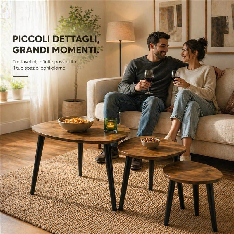 SET DI TRE TAVOLINI CON PIEDI IN LEGNO SCURO CON TOP IN MDF EFFETTO LEGNO SCUROMISURE: 39X32CM, 48X38CM, 59X49CM