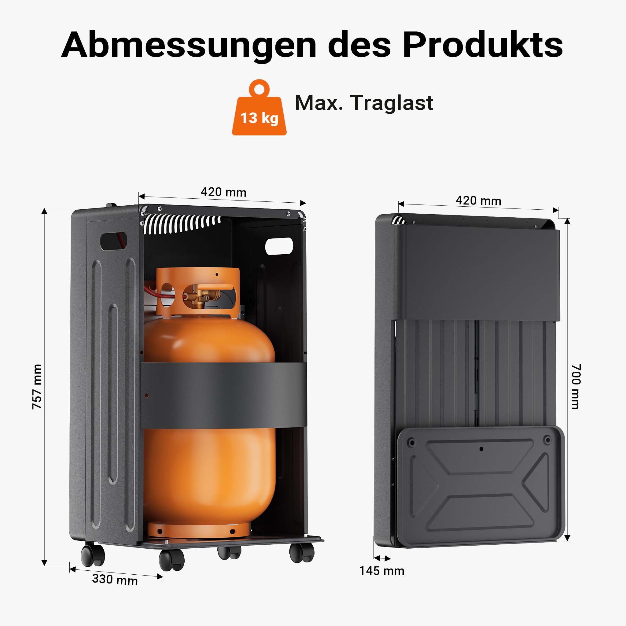 Stufa a gas infrarossi 4,2K W, pieghevole, con rotelle, 3 livelli di potenza, con ODS