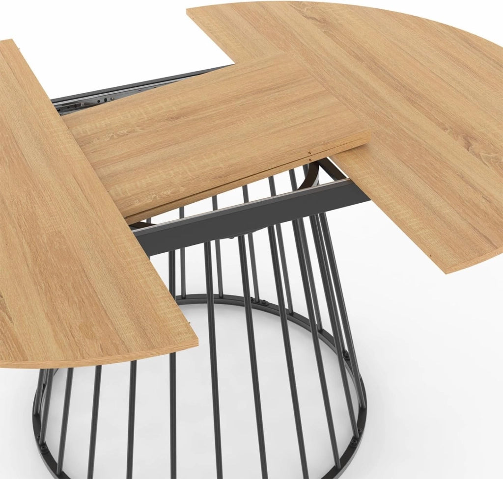Set Tavolo da Pranzo Rotondo allungabile Yuna con Piano in Legno e Gamba in Filo Metallico 110-150 cm e 4 sedie ROBINE PU Nere