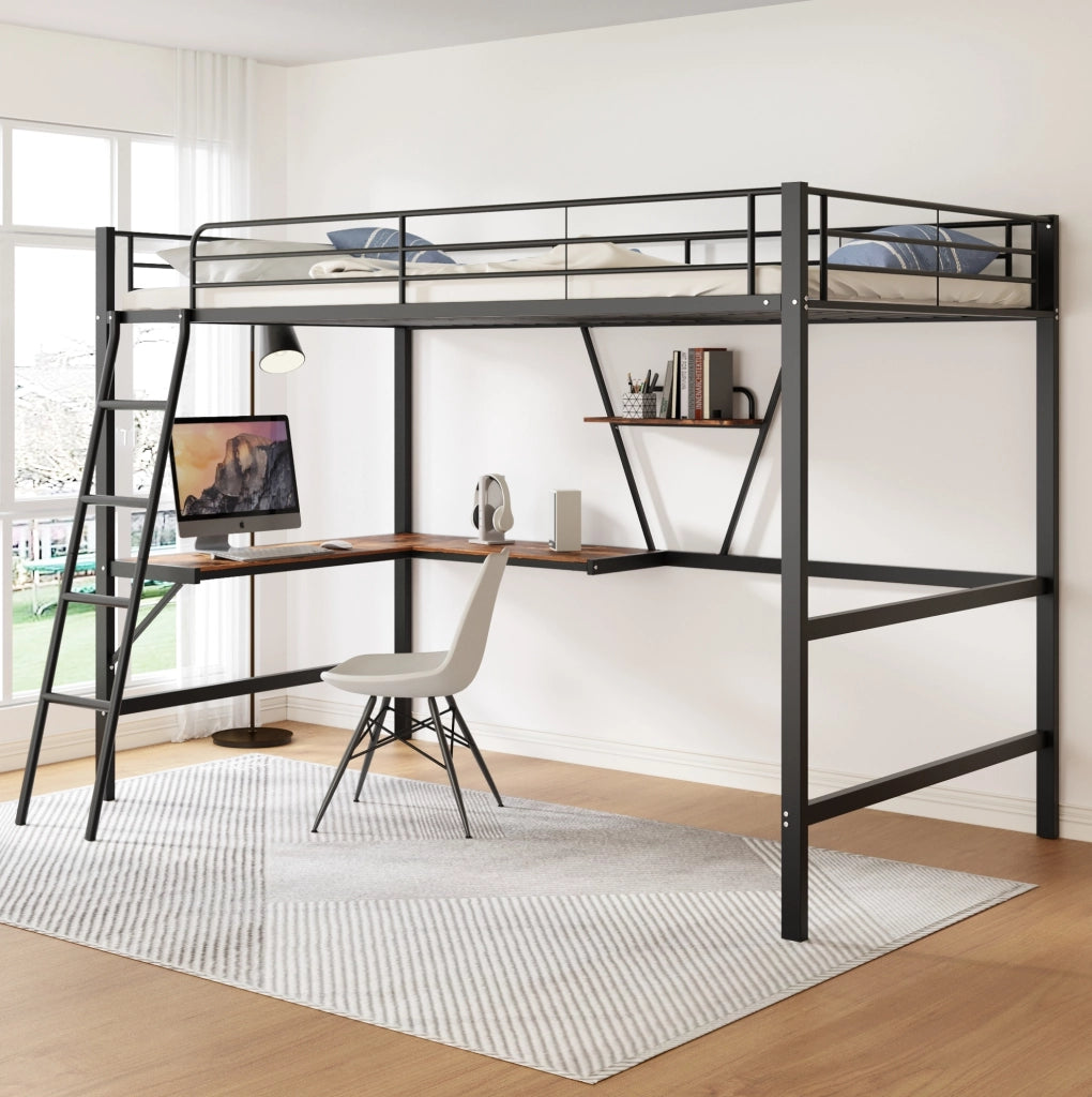 Letto a soppalco 90x200 cm con scrivania a L e mensola; metallo e MDF; nero