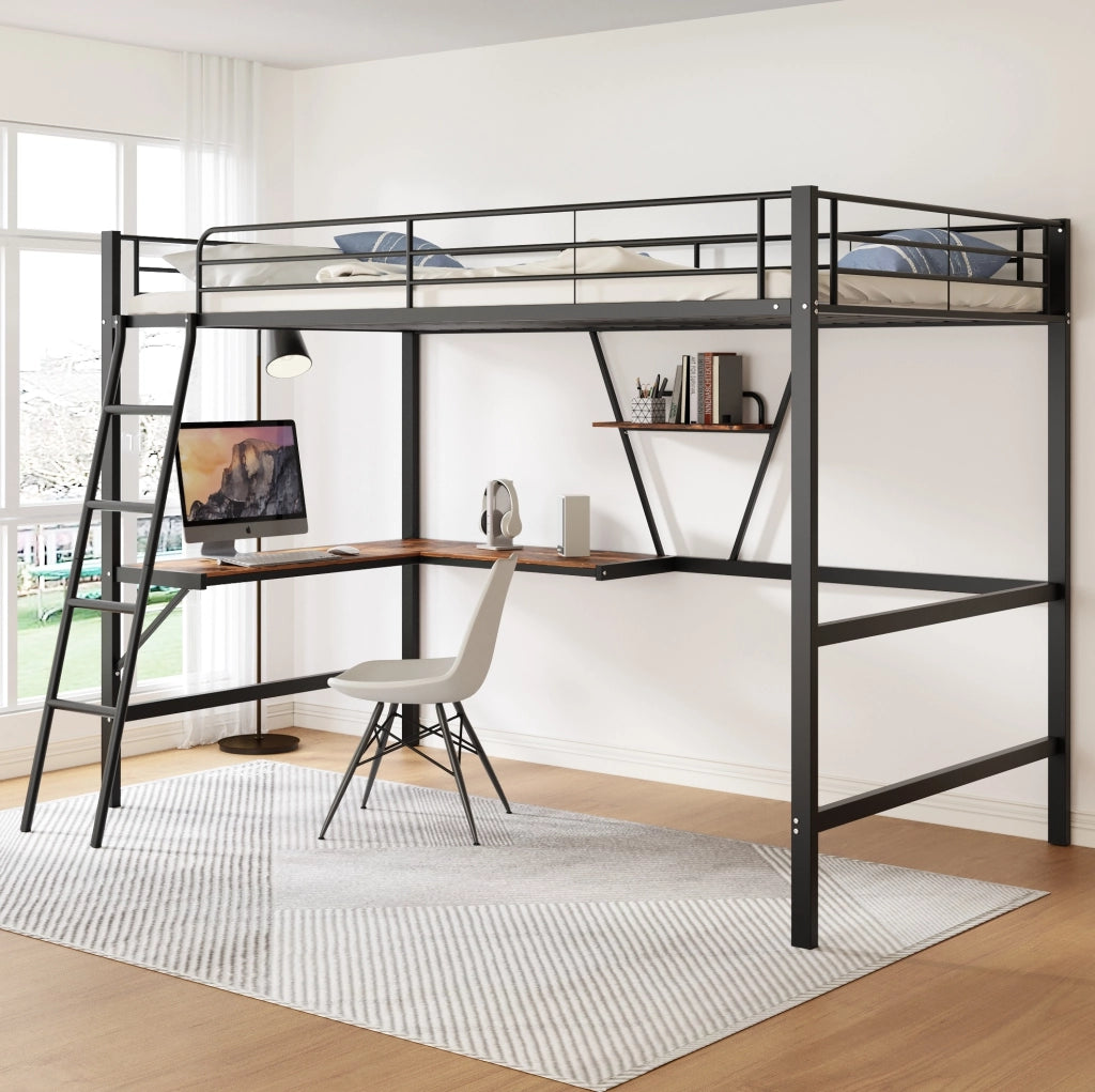 Letto a soppalco 90x200 cm con scrivania a L e mensola; metallo e MDF; nero