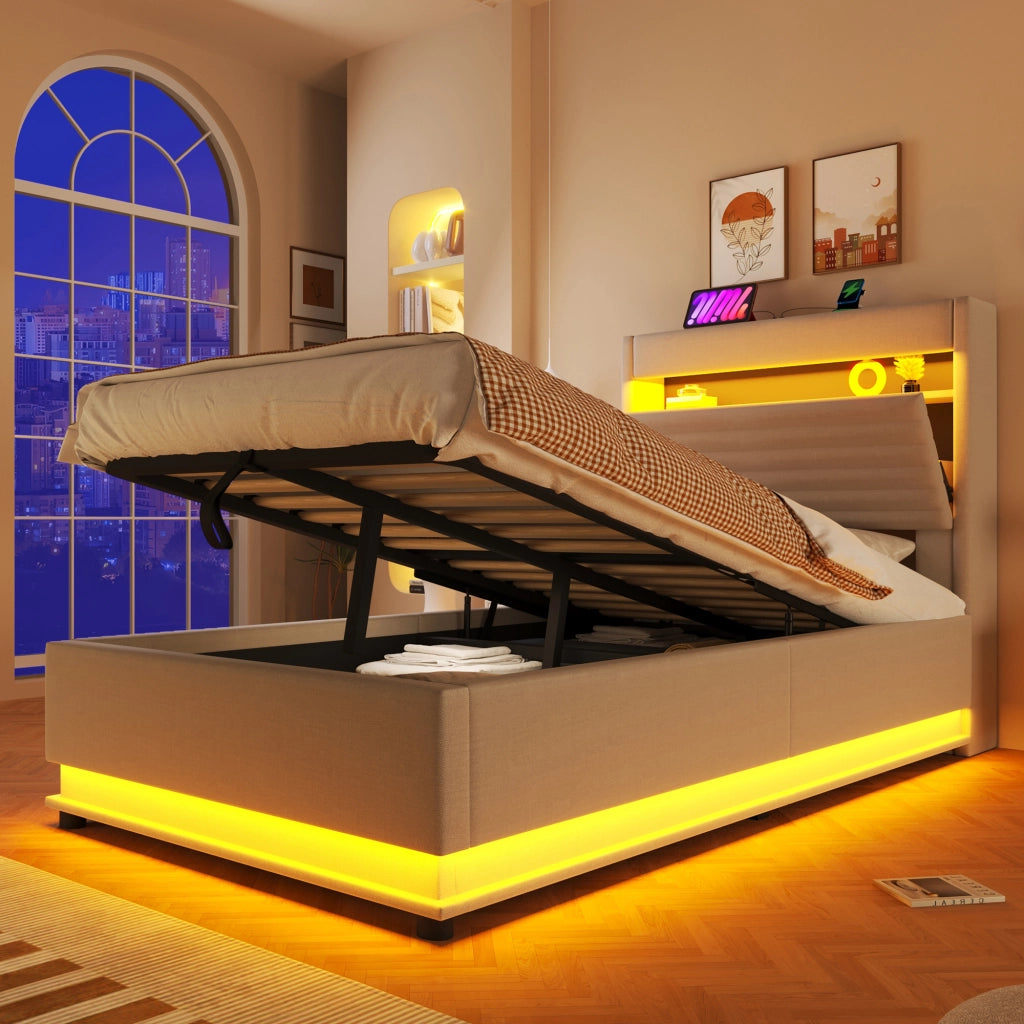 Letto contenitore imbottito 90x200 cm con apertura ribaltabile; LED tramite pulsante e App; USB-C; lino beige