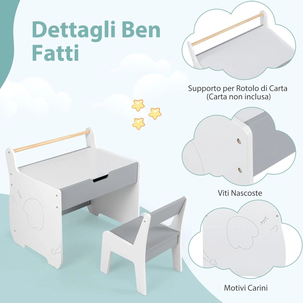 Set Tavolo e Sedia per Bambini 2 in 1, Set con Scrivania e Sedia in Legno per Bambini con Piano Rimovibile, Spazio di Archiviazione e Porta Rotolo di Carta per Aula e Cameretta (Grigio+Bianco)