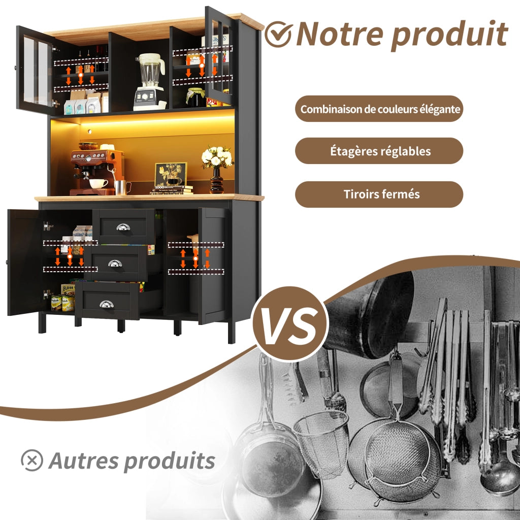Credenza Alta da Cucina con 4 Ante; 3 Cassetti; 1 Vano Aperto e LED per Cucina in MDF e Metallo 120 x 40 x 179 cm Nero