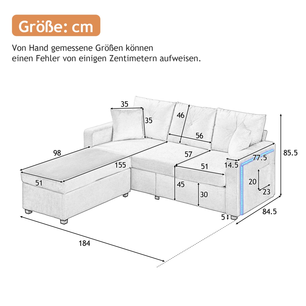 Divano ad angolo modulare con illuminazione LED e pouf versatile, con 2 cuscini, in tessuto corduroy grigio antico