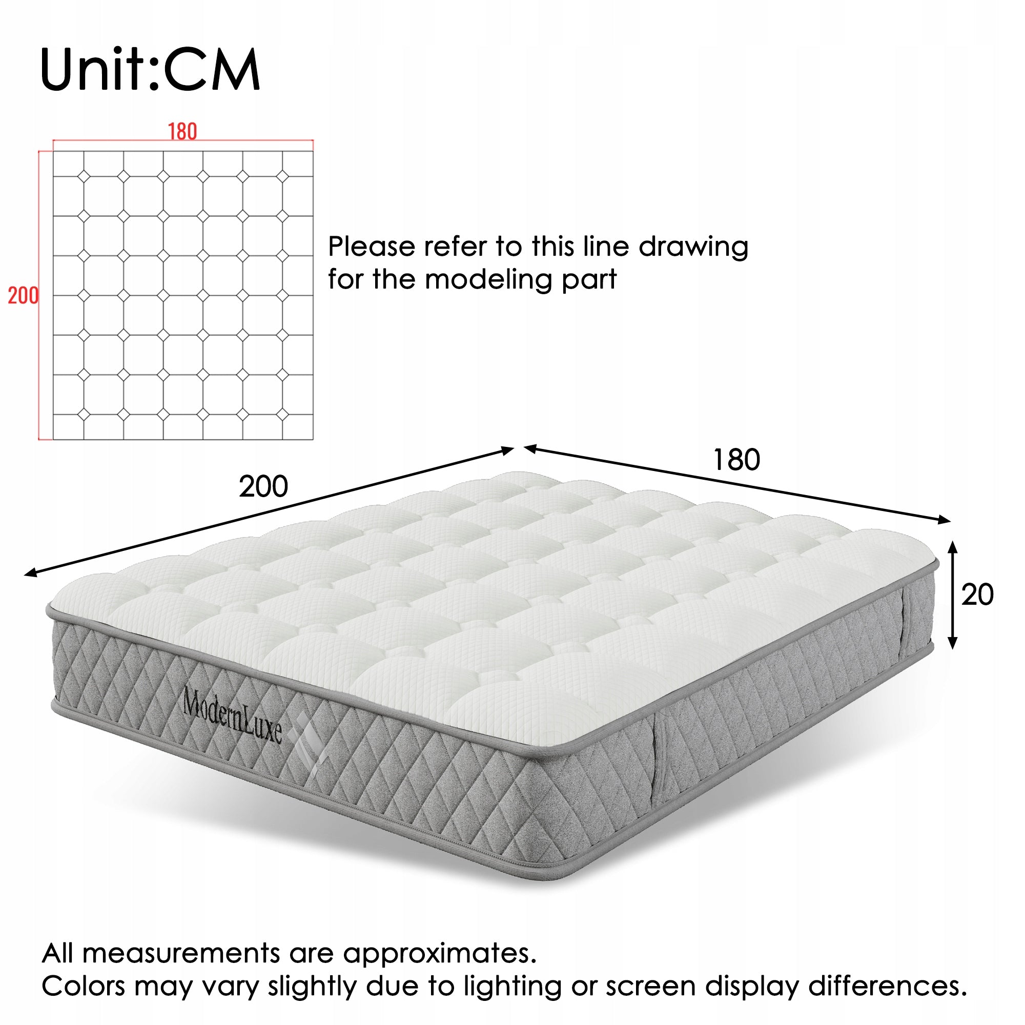 Letto imbottito 180x200 - Xylo - Grigio con LED e USB-C incluso materasso