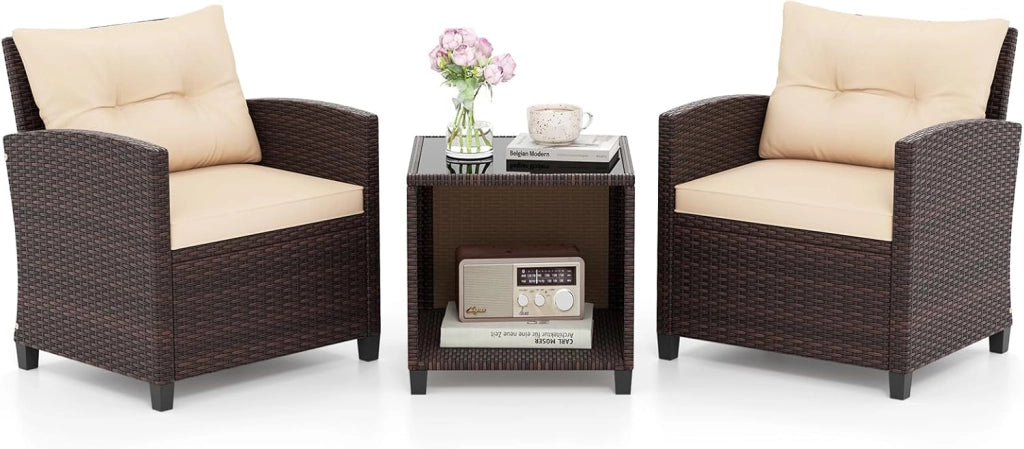 Set Salotto da Giardino da 3 Pezzi, con 2 Sedie e Tavolo da Caffè in Vetro, Divanetto in Rattan con Cuscini per Seduta e Schienale, Set da Conversazione per Cortile e Patio