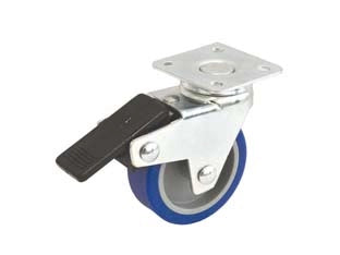 RUOTE A FORCELLA IN GOMMA BLU CON PIASTRA GIREVOLE E FRENO 221BIS- - ø mm.50x18 port. Kg.20 - 4 pezzi AVO