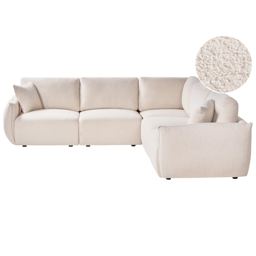 Divano angolare sinistro Bianco sporco Boucle Divano componibile a 5 posti con cuscini Soggiorno moderno