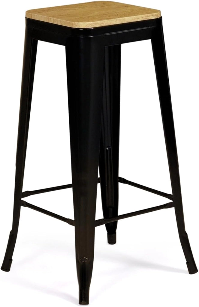 Set di 4 sgabelli da bar LENY in metallo nero opaco impilabili con sedile in legno