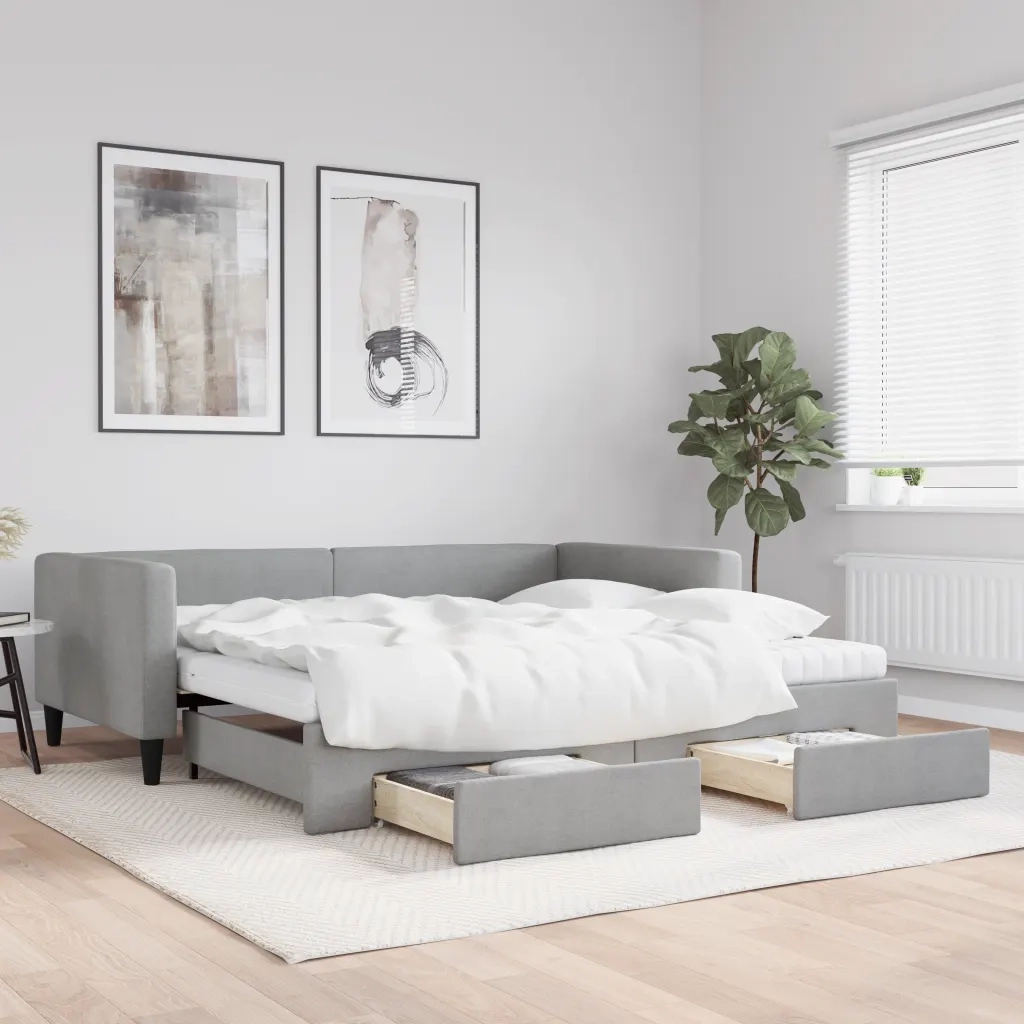 Divano Letto Estraibile Cassetti Grigio Chiaro 100x200 Tessuto