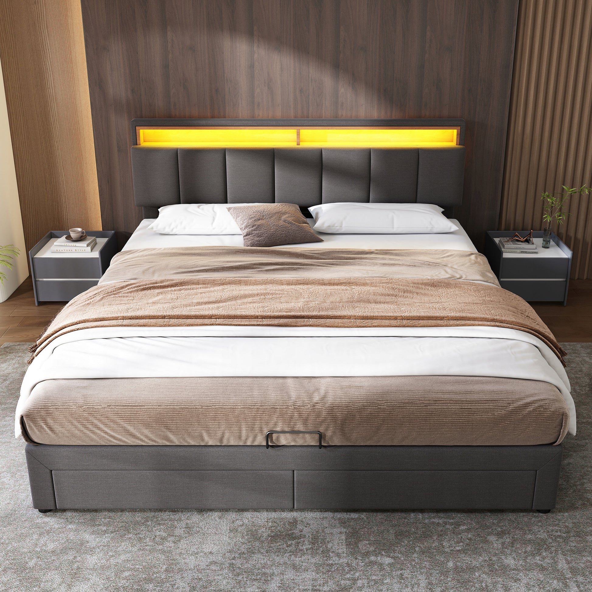Letto matrimoniale 180x200cm - Xylo - LED, Lniane, Schowek, Szare
