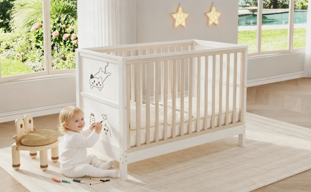 Letto per bambini 120 × 60 cm con tavole da disegno, 3 altezze regolabili, trasformabile in lettino laterale e divanetto, senza materasso, legno massiccio naturale e bianco