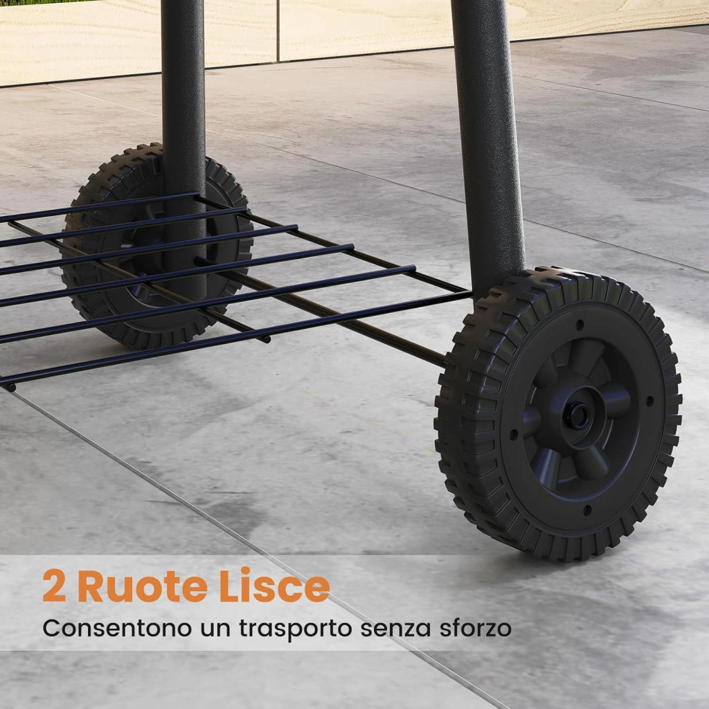 Barbecue a Carbonella con Ruote, Griglia a Carbone da Esterno con Coperchio, Termometro, Tavolo Pieghevole e Manico in Acciaio Inox, Barbecue Portabile per Giardino, Campeggio e Picnic