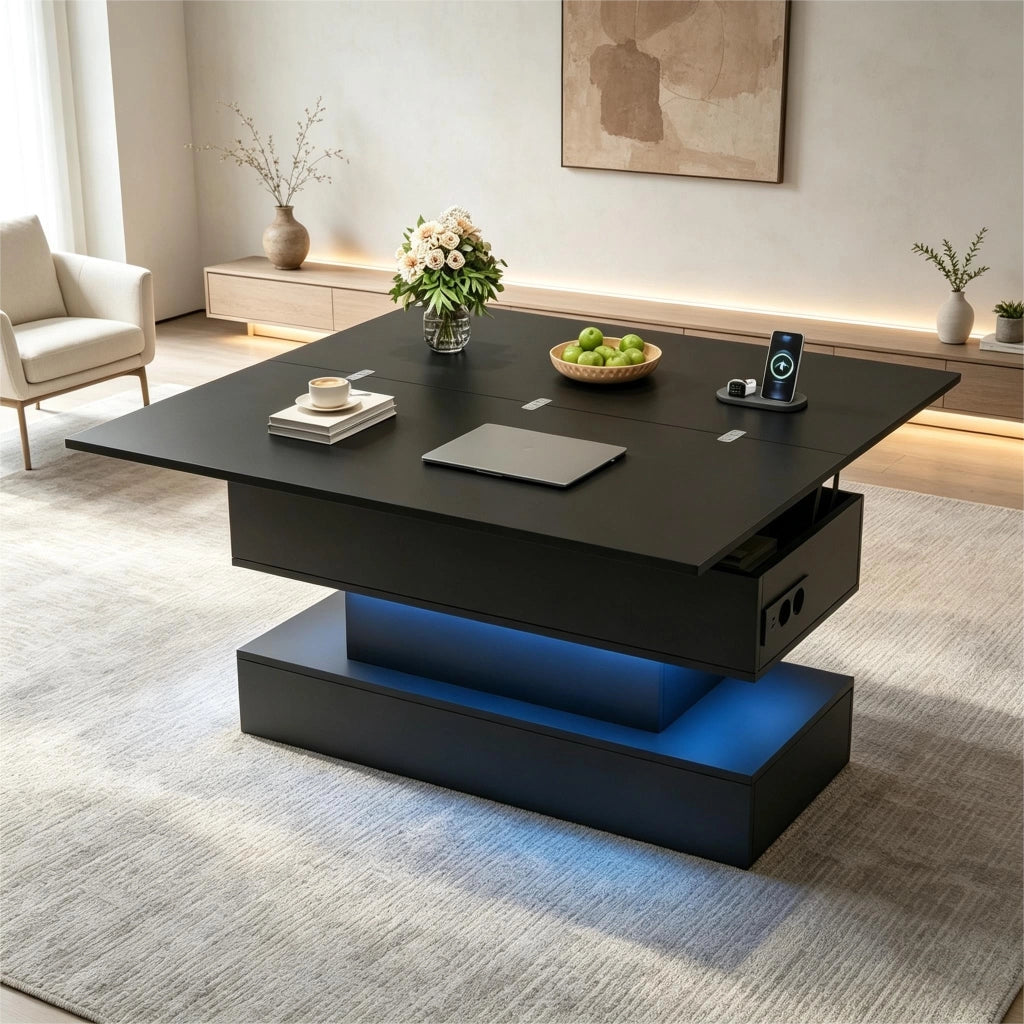 Tavolino regolabile in altezza, con presa di corrente e luci a LED, 100x50x51,5 cm, nero