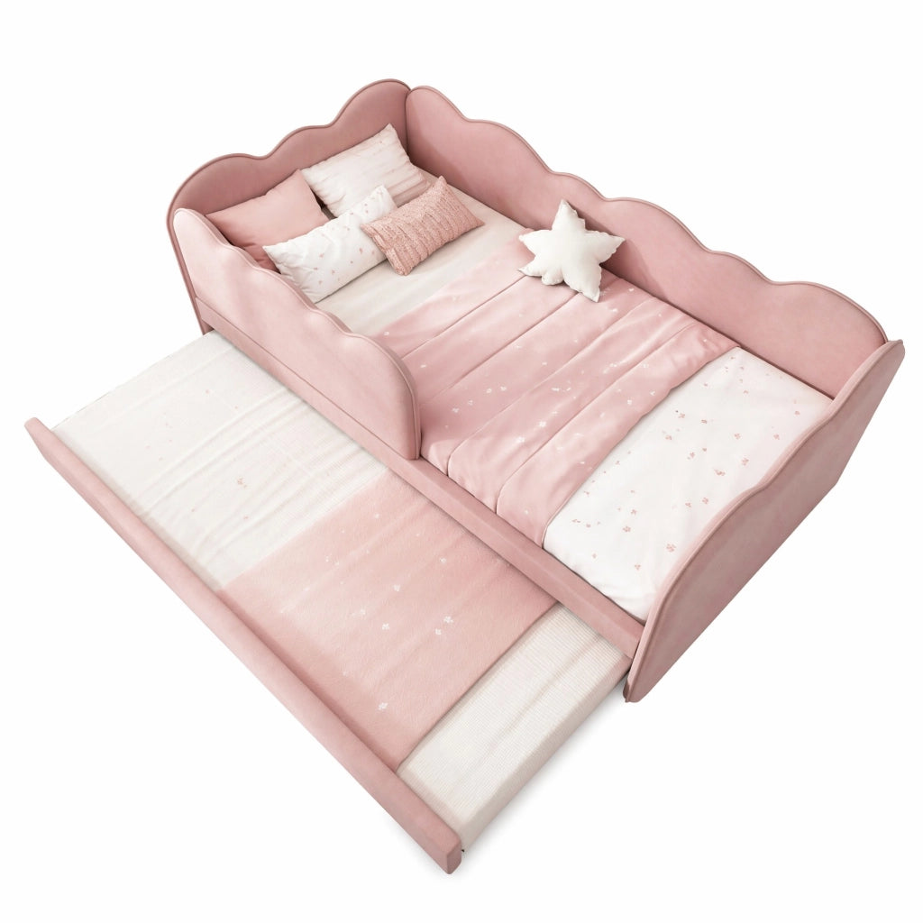 Letto daybed imbottito 90x190 cm con letto estraibile, rete inclusa, velluto rosa