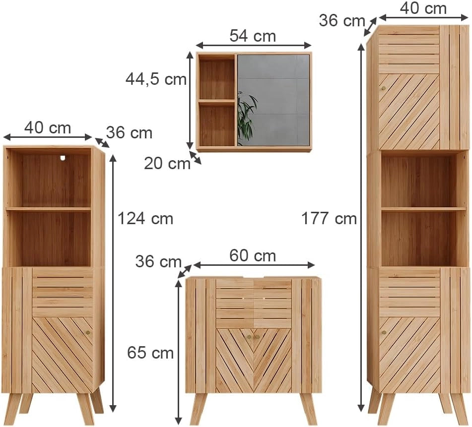 Set di mobili da bagno Lucie, Bambù, 60 cm, composto da mobile lavabo, pensile a specchio, colonna e base media
