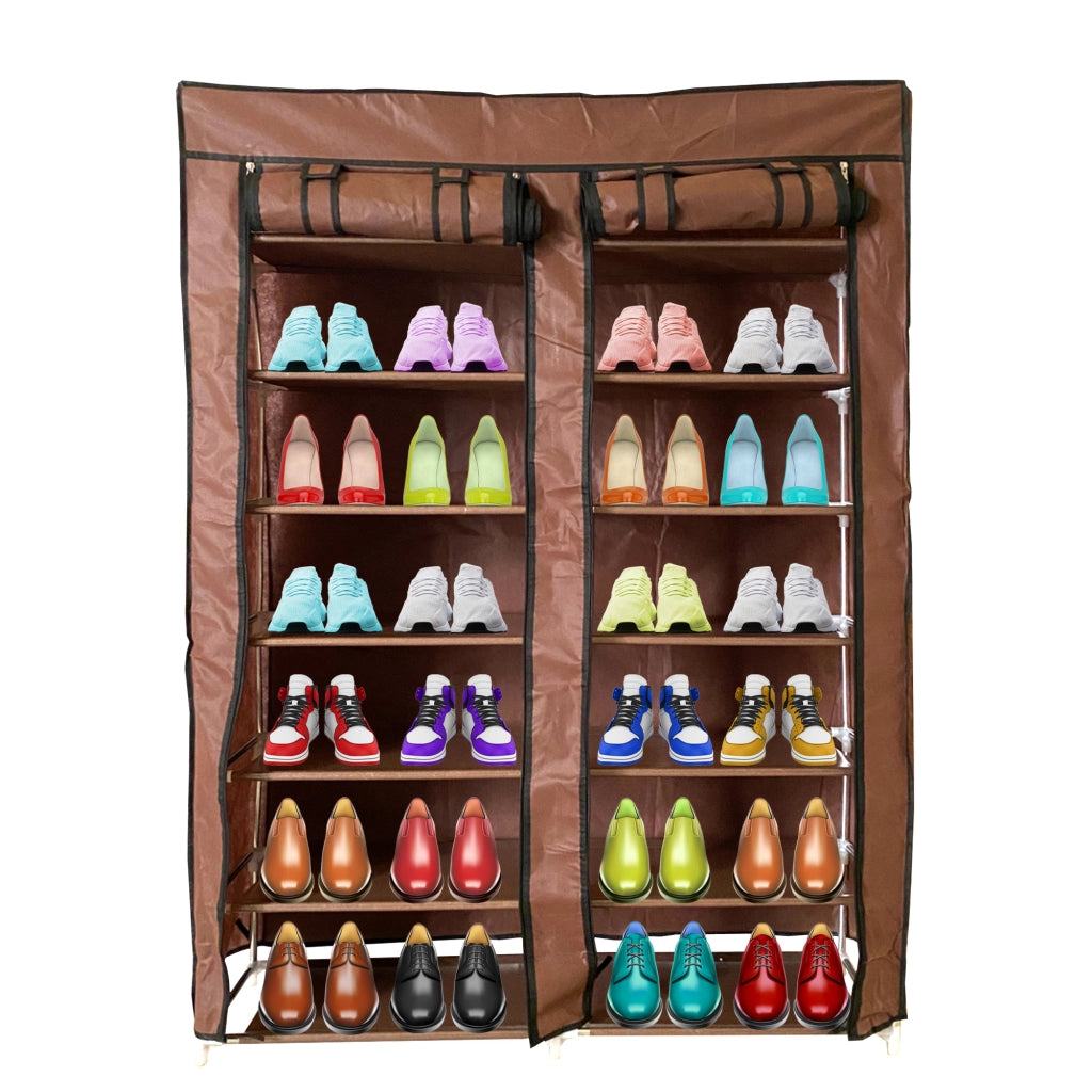 Scarpiera Tessuto per Scarpe con 2 Ante con Cerniera 125x92x28,5cm, 28 paia. Marrone