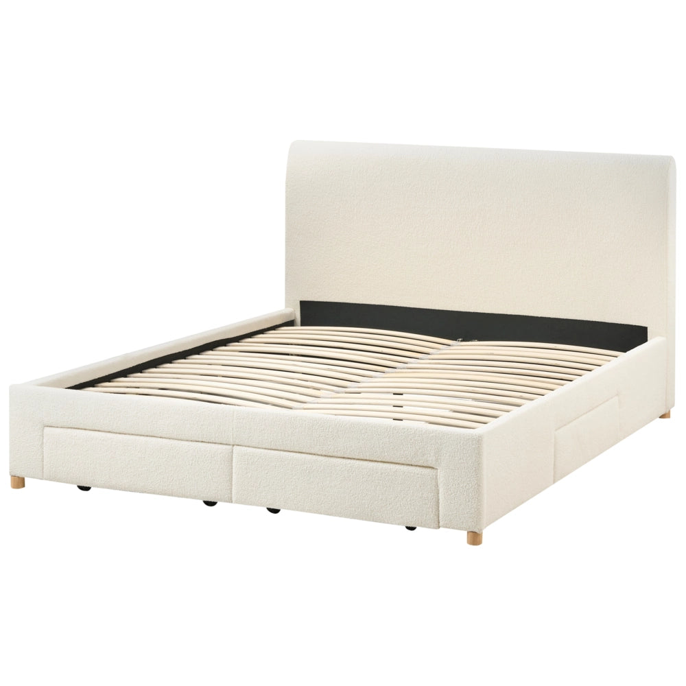 Letto con cassetti in bouclé 160 x 200 cm con rete a doghe design moderno scandinavo bianco crema