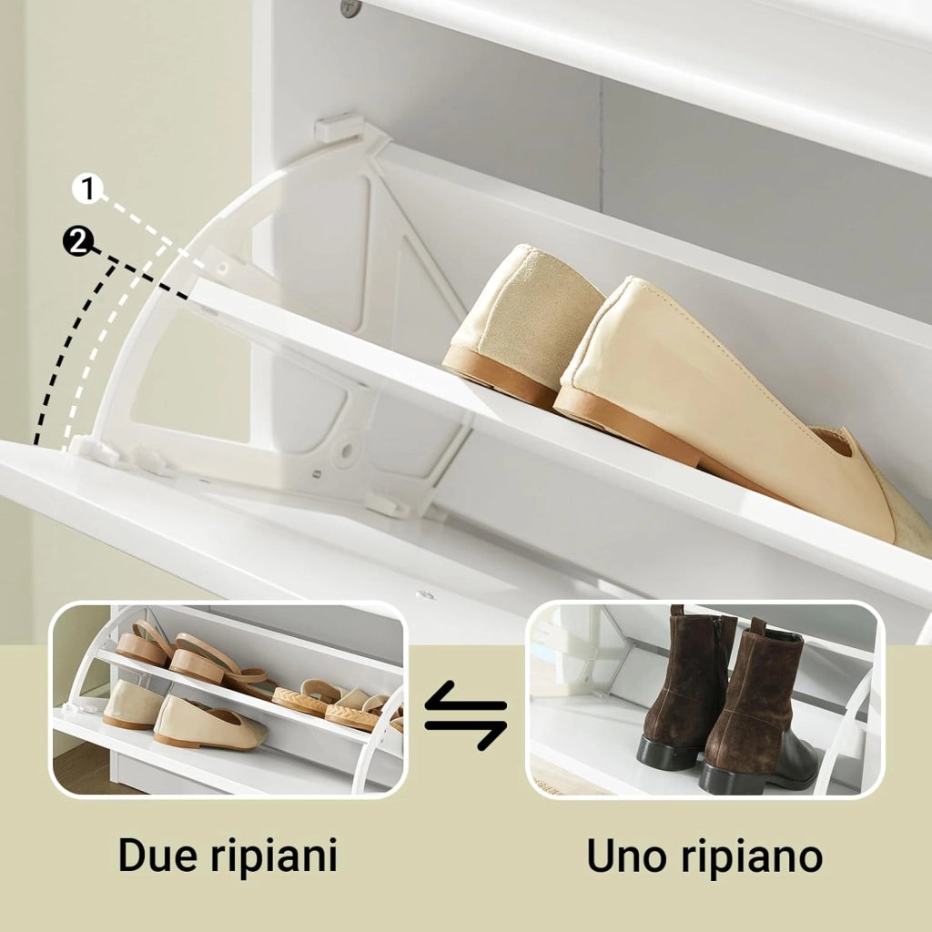 Scarpiera Salvaspazio Slim Legno - Mobiletto da Ingresso 3 Ante a Ribalta, Armadio Portascarpe Scarpiera Moderna per Ingresso, Corridoio o Camera da Letto 53x24x117cm Bianca FSR94-W