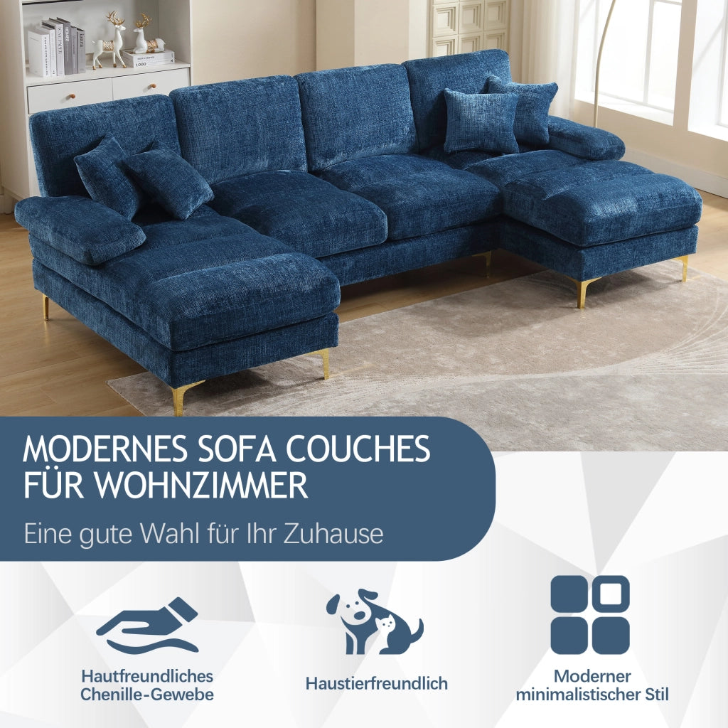 OKWISH Divano Panoramico a U, 4 Posti con Doppia Chaise Longue, Seduta Ergonomica e Cuscini, Ciniglia Blu