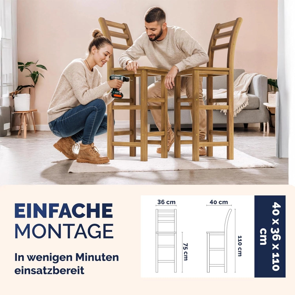® Set 4 Sgabelli Rustici in Legno con Schienale per Esterno 75cm con Poggiapiedi Sgabello Bar Giardino Cucina