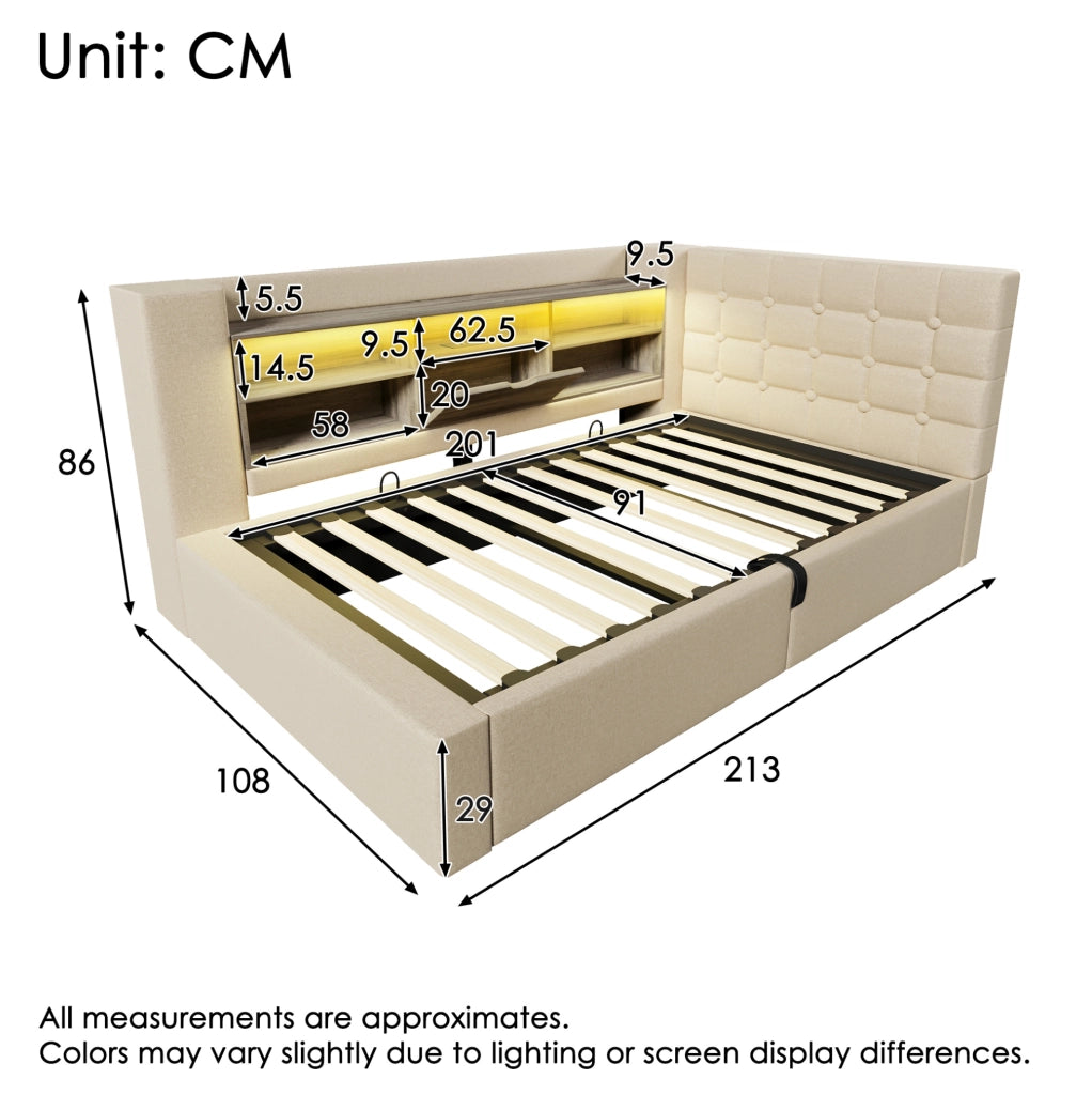 Letto singolo 90x200 cm con LED, ricarica USB e contenitore