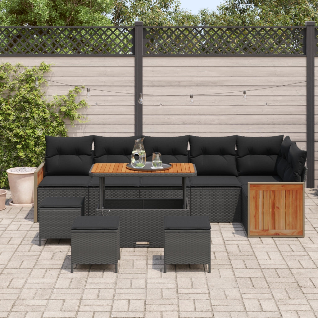 Set Divano Giardino 10 Pezzi con Cuscini Polyrattan Nero Acacia