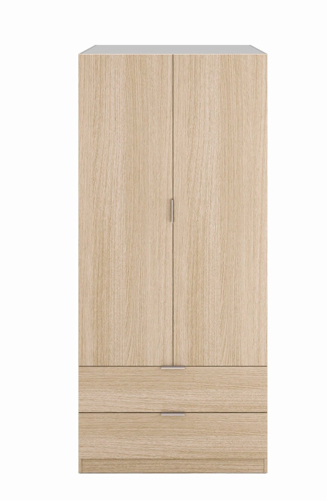 Guardaroba Appadu, Armadio per camera da letto a 2 ante e 2 cassetti, Mobile per camera da letto con barra appendiabiti, cm 81x52h180, Quercia
