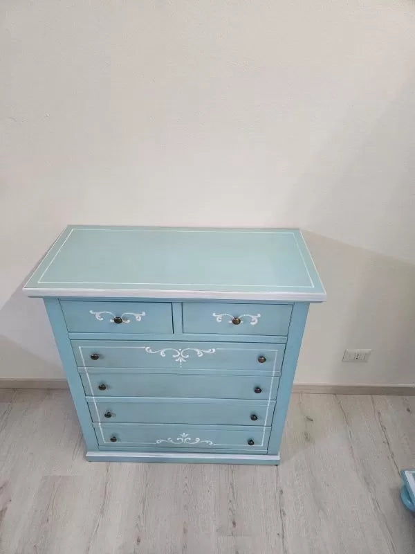Cassettiera 6 cassetti in legno shabby azzurro anticato decorato 86x40x96 - Mobili 2G