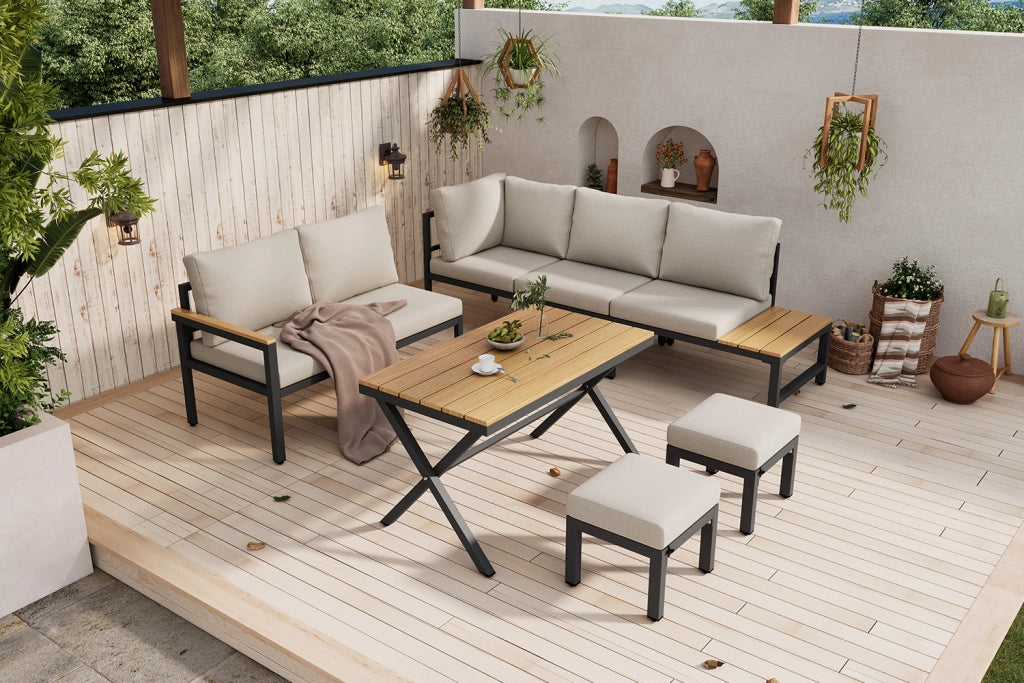 Set pranzo + salotto giardino 4 pezzi: Divanooo angolare + 2 sgabelli + tavolo; legno composito; acciaio; grigio