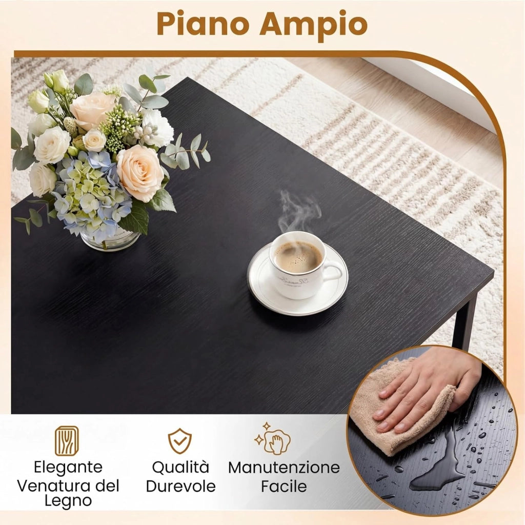 Tavolino da Caffè Rettangolare con 2 Ripiani Portaoggetti e Struttura in Metallo Resistente, Tavolo dallo Stile Moderno, Tavolino Cocktail per Soggiorno e Lounge, 110 x 60 x 45 cm (Nero)