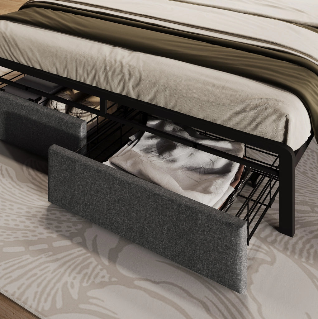 Letto imbottito 140x200 cm grigio con materasso, LED, USB-C, testiera contenitore e 2 cassetti