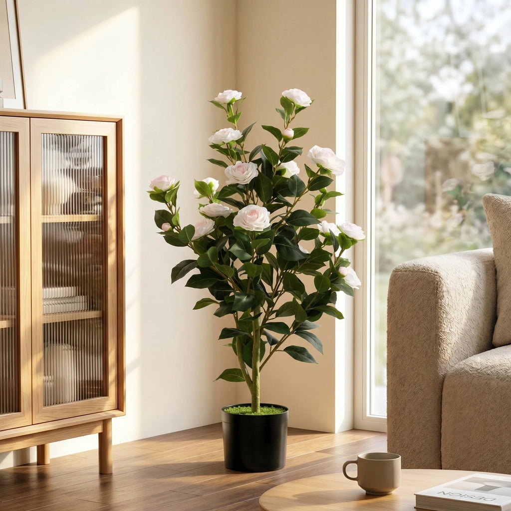 Pianta Finta Camelia con Fiori Realistici e Vaso ¨C zephmum ¨C Bianco Vaso Nero 176 Foglie