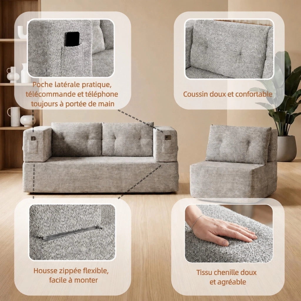 Divano modulare letto in tessuto con tasche laterali e schienale reclinabile, grigio chiaro 199 × 194 × 39 cm