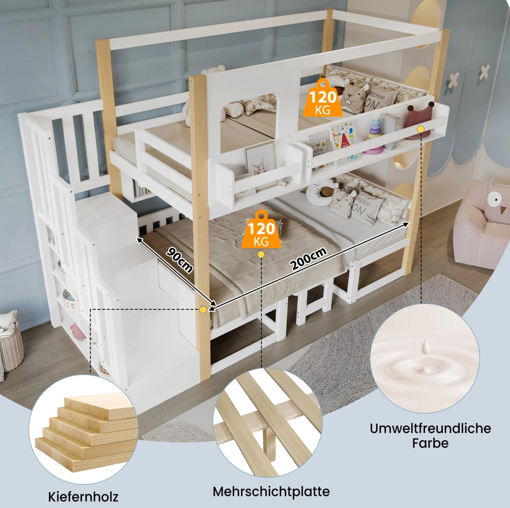 Letto a castello per bambini con tavolo pieghevole regolabile e scala contenitore; 90x200 cm; bianco/naturale