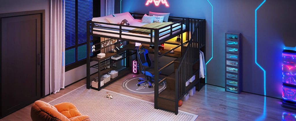 LETTO a soppalco gaming 140x200 cm MDF e metallo nero con LED, scrivania e armadio