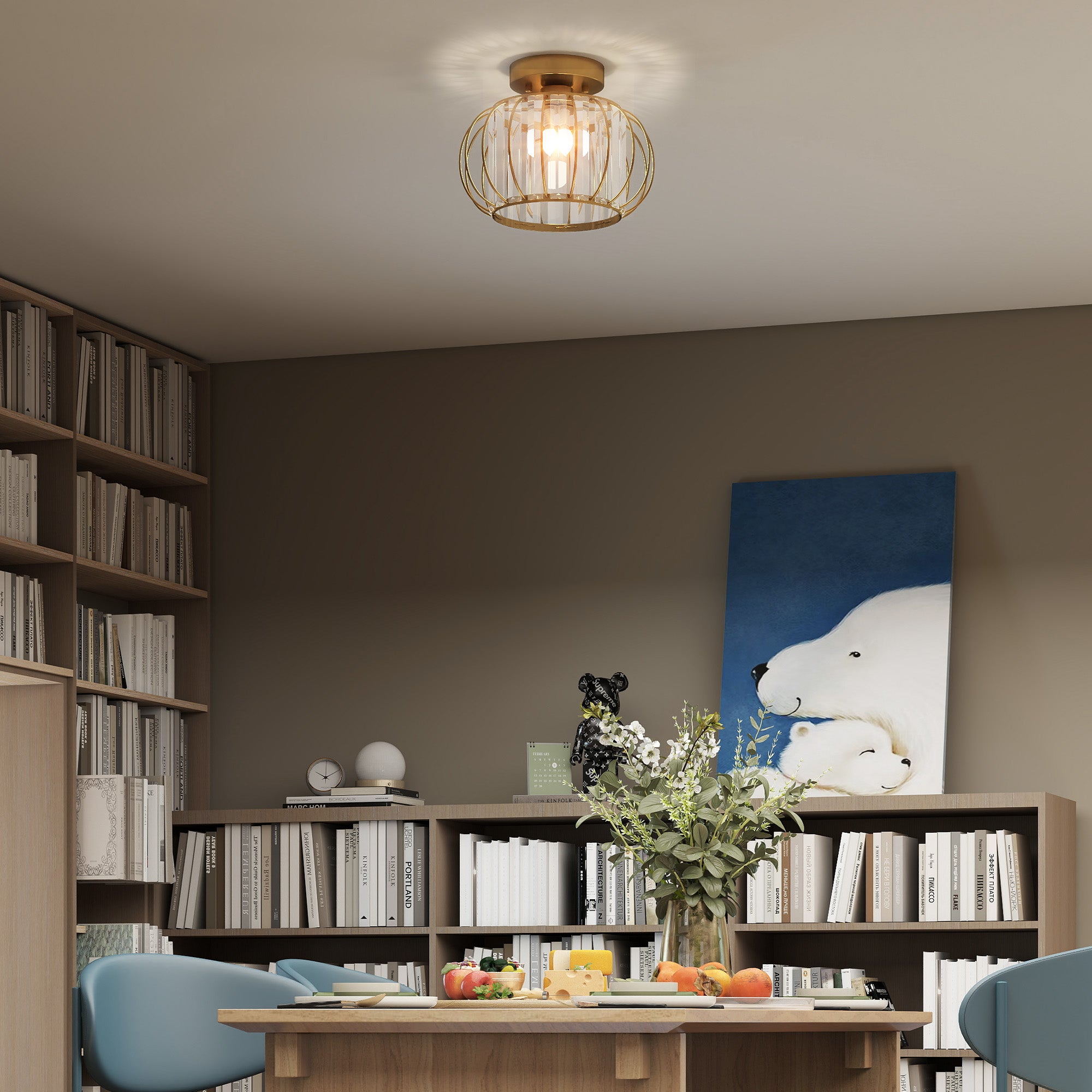 Plafoniera LED Moderna Design a Gabbia Ø27x19 cm con 18 Cristalli Struttura in Metallo Oro