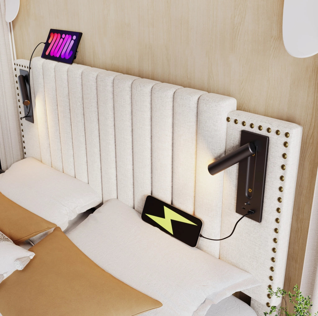 Letto imbottito beige 180x200 cm con contenitore, luce da lettura e ricarica USB/Type-C