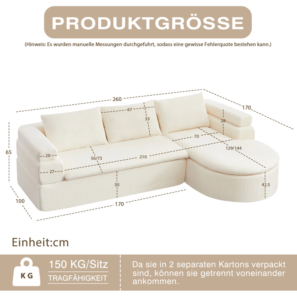 Divano angolare con chaise longue in ciniglia con schienali imbottiti e seduta sagomata a gradoni beige per soggiorno