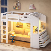 Letto a soppalco 90x200 cm bianco in legno e MDF; 6 cassetti e LED