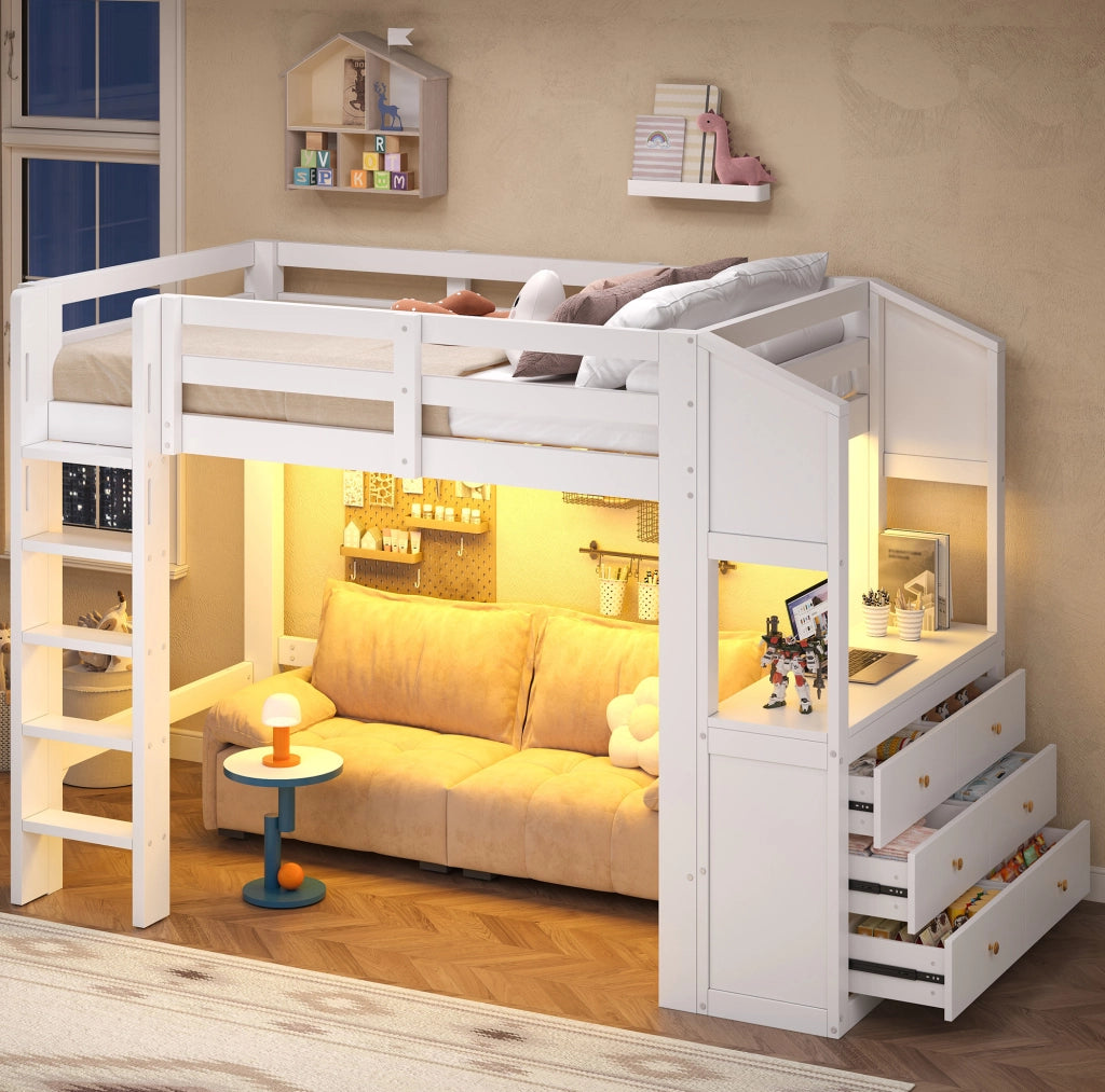 Letto a soppalco 90x200 cm bianco in legno e MDF; 6 cassetti e LED