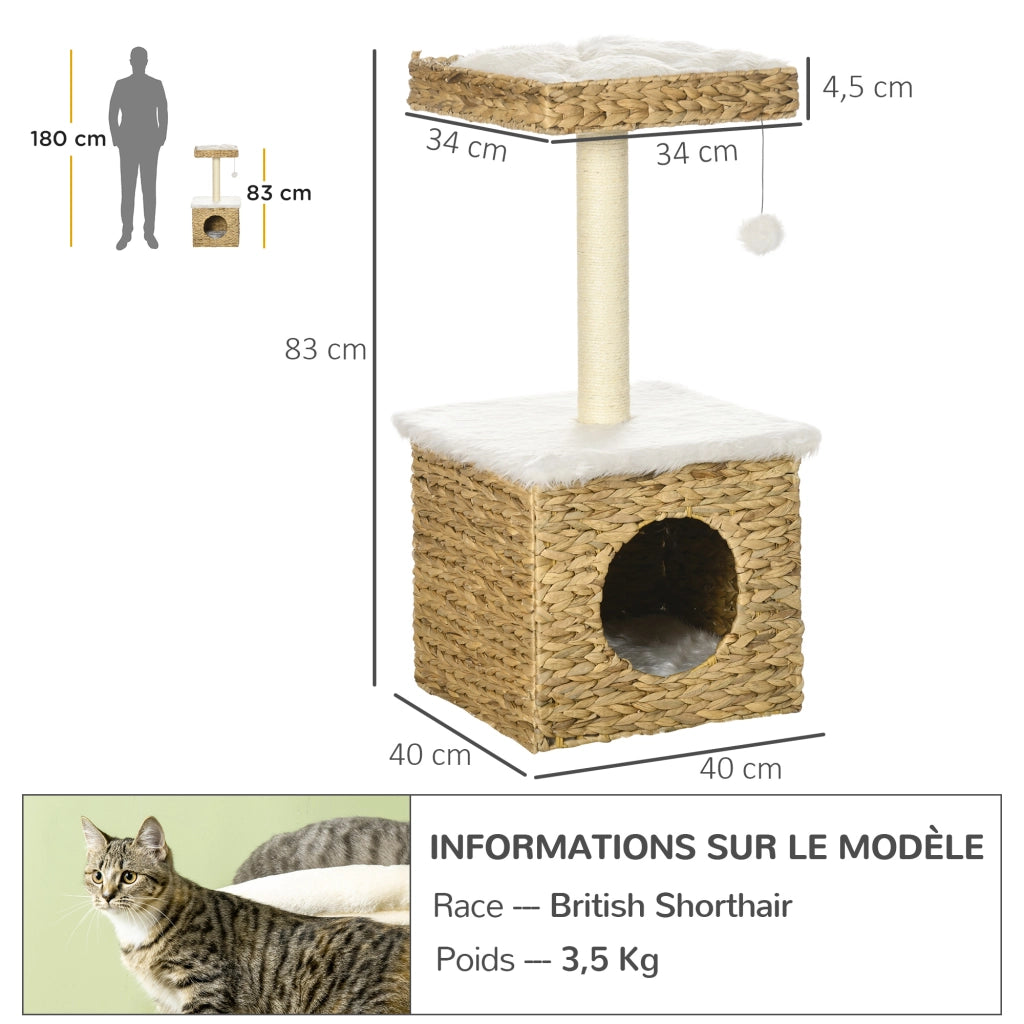 Tiragraffi per gatti 2 livelli con nicchia, palo sisal, piattaforma e pompon ¨C zephmum ¨C naturale