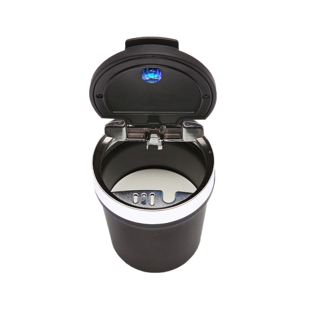 Posacenere universale per auto con fondo in ceramica, nero-argento, con luce LED blu