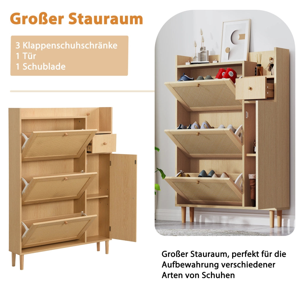 Mobile portascarpe in stile rattan con 3 ante a ribalta e 1 cassetto; 90x125x17 cm; MDF naturale e bianco