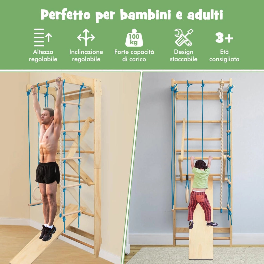 Spalliera Svedese Adulti e Bambini, Scala Svedese in Legno a 10 Gradini con Vari Accessori, Spalliera Palestra e Casa Multifunzionale, Carico Massimo 100 kg, 220 x 80 x 60 cm